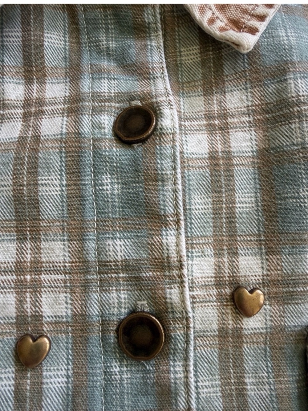 POL Heart Stud Vintage Wash Olive Green & Tan Plaid SHACKET NEW FALL WINTER - Picture 5 of 9